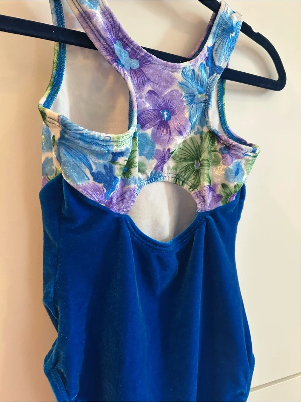 GK Girls Blue Floral Tank Velvet Gymnastics Leotard - Child’s Medium
